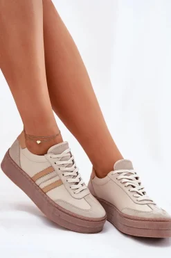 Zazoo Skórzane Sneakersy Damskie Na Platformie N1234 Beżowe Beżowy