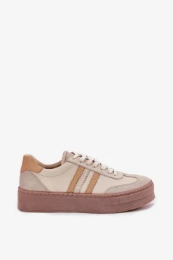 Zazoo Skórzane Sneakersy Damskie Na Platformie N1234 Beżowe Beżowy