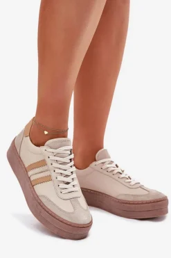 Zazoo Skórzane Sneakersy Damskie Na Platformie N1234 Beżowe Beżowy
