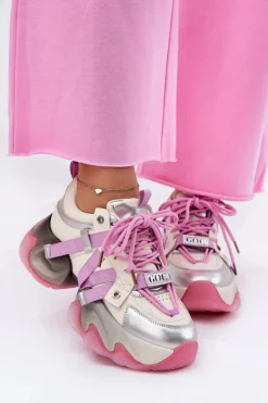 Sneakersy Damskie></noscript>GOE Skórzane Sneakersy Damskie Na Masywnej Podeszwie RR2N4030 Różowe