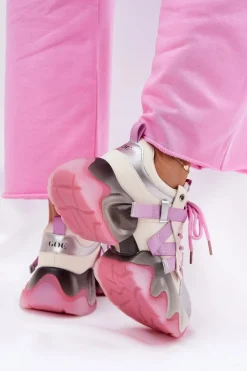 Sneakersy Damskie></noscript>GOE Skórzane Sneakersy Damskie Na Masywnej Podeszwie RR2N4030 Różowe