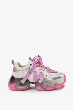 Sneakersy Damskie></noscript>GOE Skórzane Sneakersy Damskie Na Masywnej Podeszwie RR2N4030 Różowe