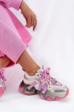 Sneakersy Damskie></noscript>GOE Skórzane Sneakersy Damskie Na Masywnej Podeszwie RR2N4030 Różowe