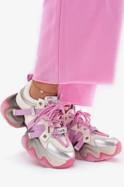 Sneakersy Damskie></noscript>GOE Skórzane Sneakersy Damskie Na Masywnej Podeszwie RR2N4030 Różowe