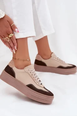 Online Zazoo Skórzane Sneakersy Damskie Na Platformie N1269S2 Beżowe Beżowy