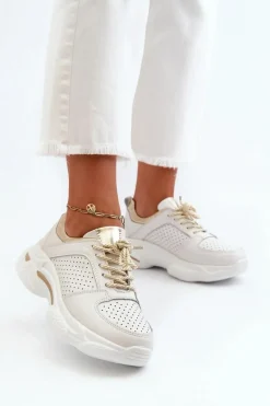 Hot Evento Skórzane Sneakersy Damskie Na Grubej Podeszwie Biało-Złote Dzumati