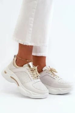 Hot Evento Skórzane Sneakersy Damskie Na Grubej Podeszwie Biało-Złote Dzumati