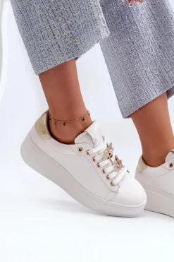 Sneakersy Damskie>Damskie buty S.Barski Skórzane Sneakersy Damskie Na Platformie Z Przypinkami D&A SN67 Białe