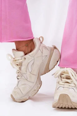 GOE Skórzane Sneakersy Damskie RR2N4037 Beżowe Beżowy