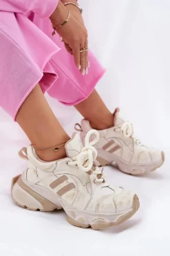 GOE Skórzane Sneakersy Damskie RR2N4037 Beżowe Beżowy