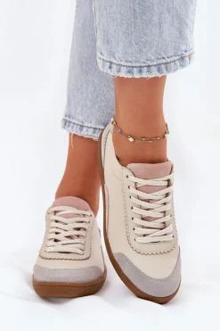 Outlet Skórzane Sneakersy Damskie N1220 Beżowe Damskie Buty Sportowe Na Platformie|Sneakersy Damskie