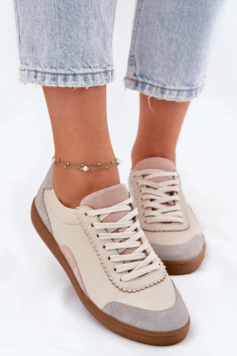 Outlet Skórzane Sneakersy Damskie N1220 Beżowe Damskie Buty Sportowe Na Platformie|Sneakersy Damskie