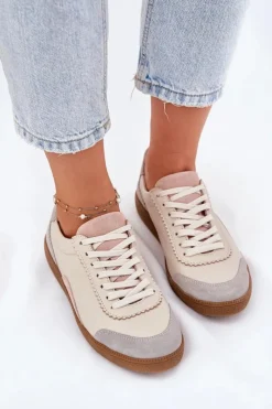 Outlet Skórzane Sneakersy Damskie N1220 Beżowe Damskie Buty Sportowe Na Platformie|Sneakersy Damskie