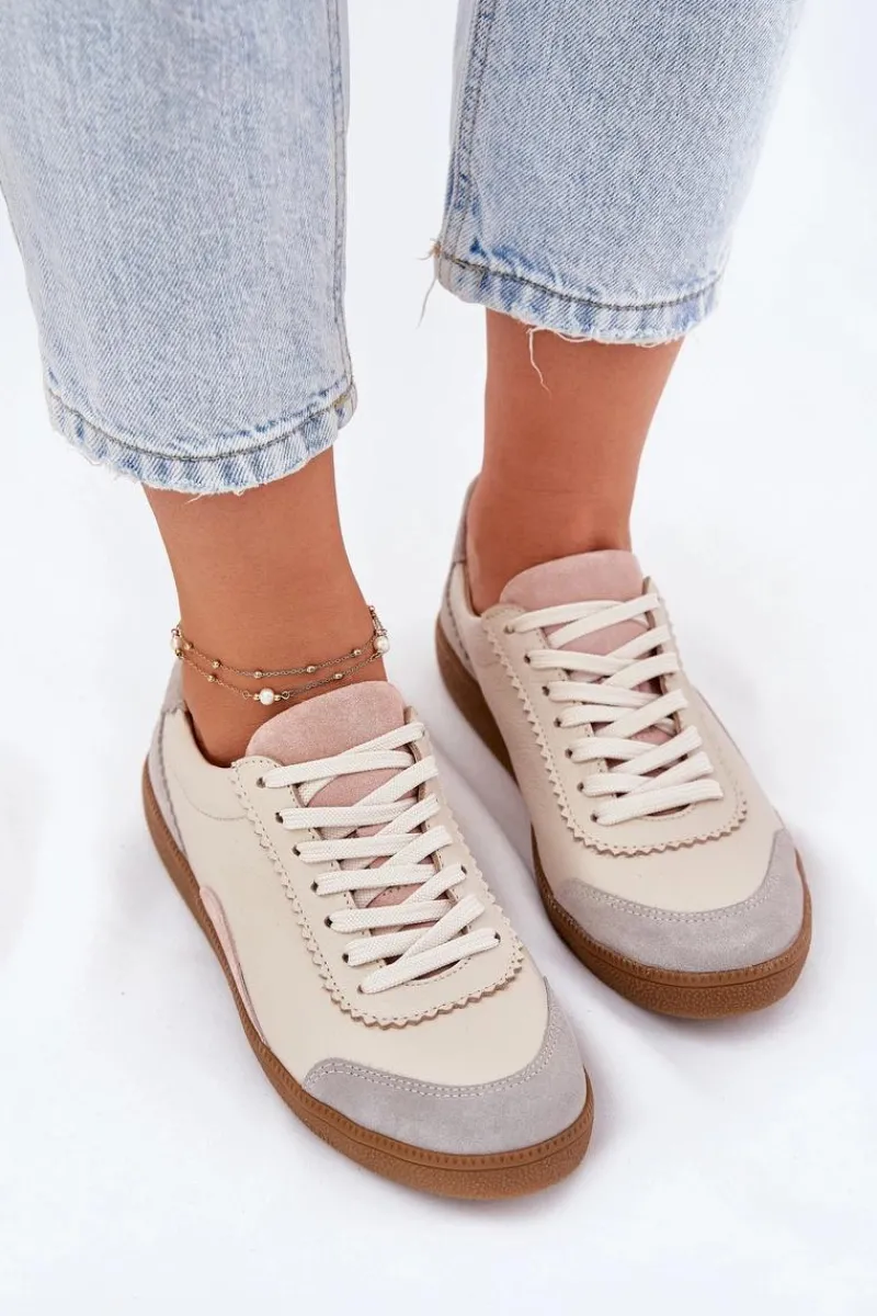 Outlet Skórzane Sneakersy Damskie N1220 Beżowe Damskie Buty Sportowe Na Platformie|Sneakersy Damskie