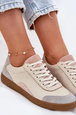 Outlet Skórzane Sneakersy Damskie N1220 Beżowe Damskie Buty Sportowe Na Platformie|Sneakersy Damskie