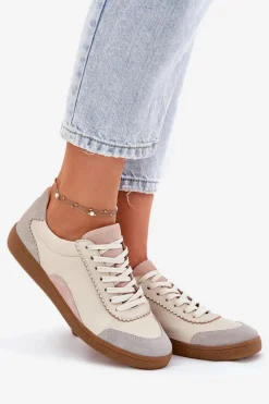 Outlet Skórzane Sneakersy Damskie N1220 Beżowe Damskie Buty Sportowe Na Platformie|Sneakersy Damskie