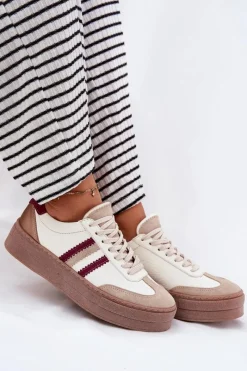 Buty Sportowe Na Platformie|Sneakersy Damskie>Zazoo Skórzane Sneakersy Damskie Na Platformie N1234 Beżowo-Bordowe Beżowy