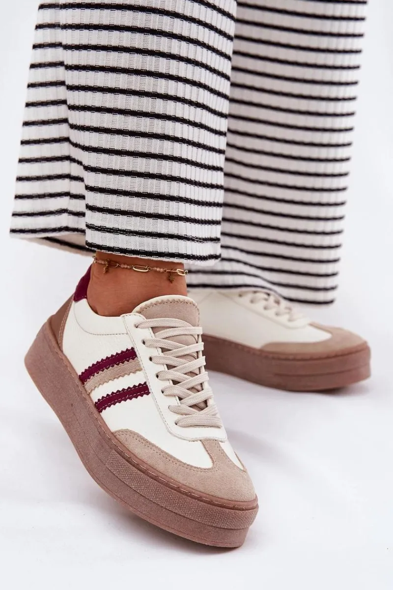 Buty Sportowe Na Platformie|Sneakersy Damskie>Zazoo Skórzane Sneakersy Damskie Na Platformie N1234 Beżowo-Bordowe Beżowy