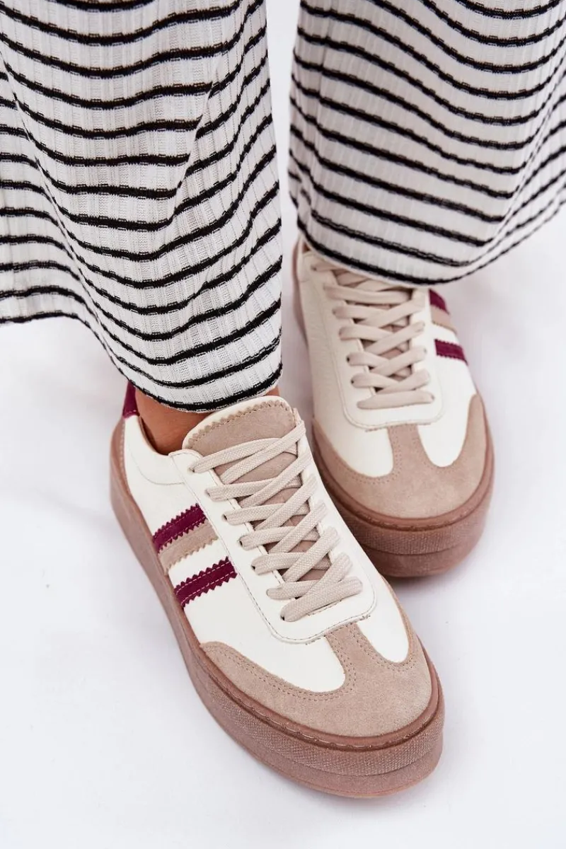 Buty Sportowe Na Platformie|Sneakersy Damskie>Zazoo Skórzane Sneakersy Damskie Na Platformie N1234 Beżowo-Bordowe Beżowy