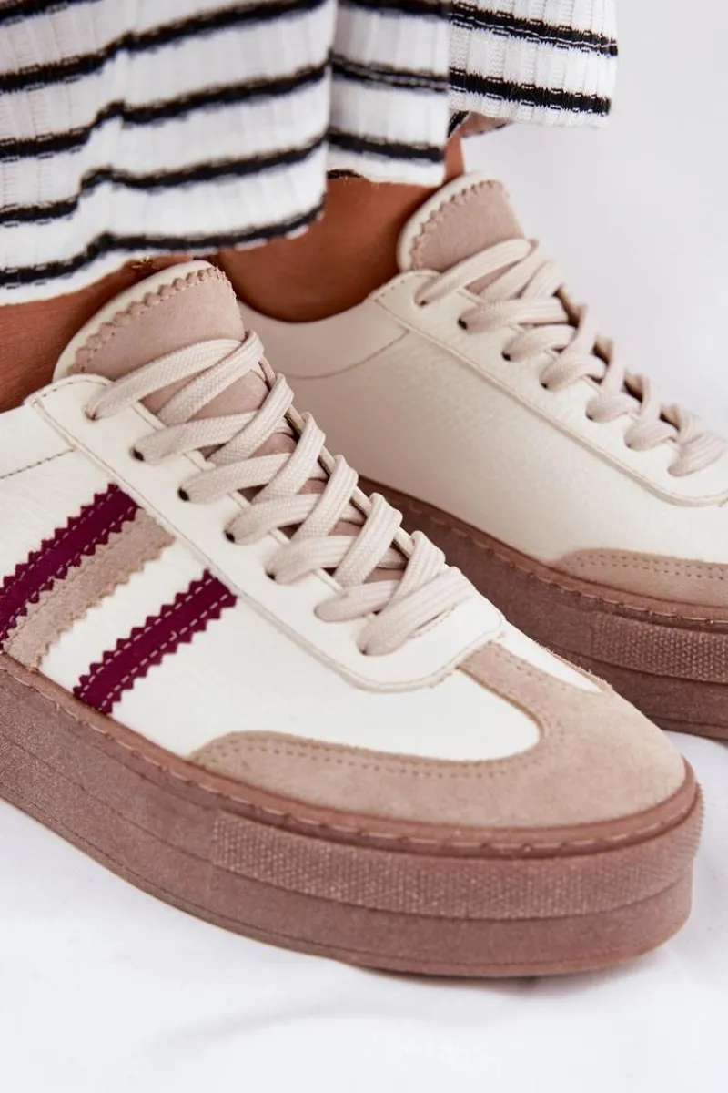 Buty Sportowe Na Platformie|Sneakersy Damskie>Zazoo Skórzane Sneakersy Damskie Na Platformie N1234 Beżowo-Bordowe Beżowy
