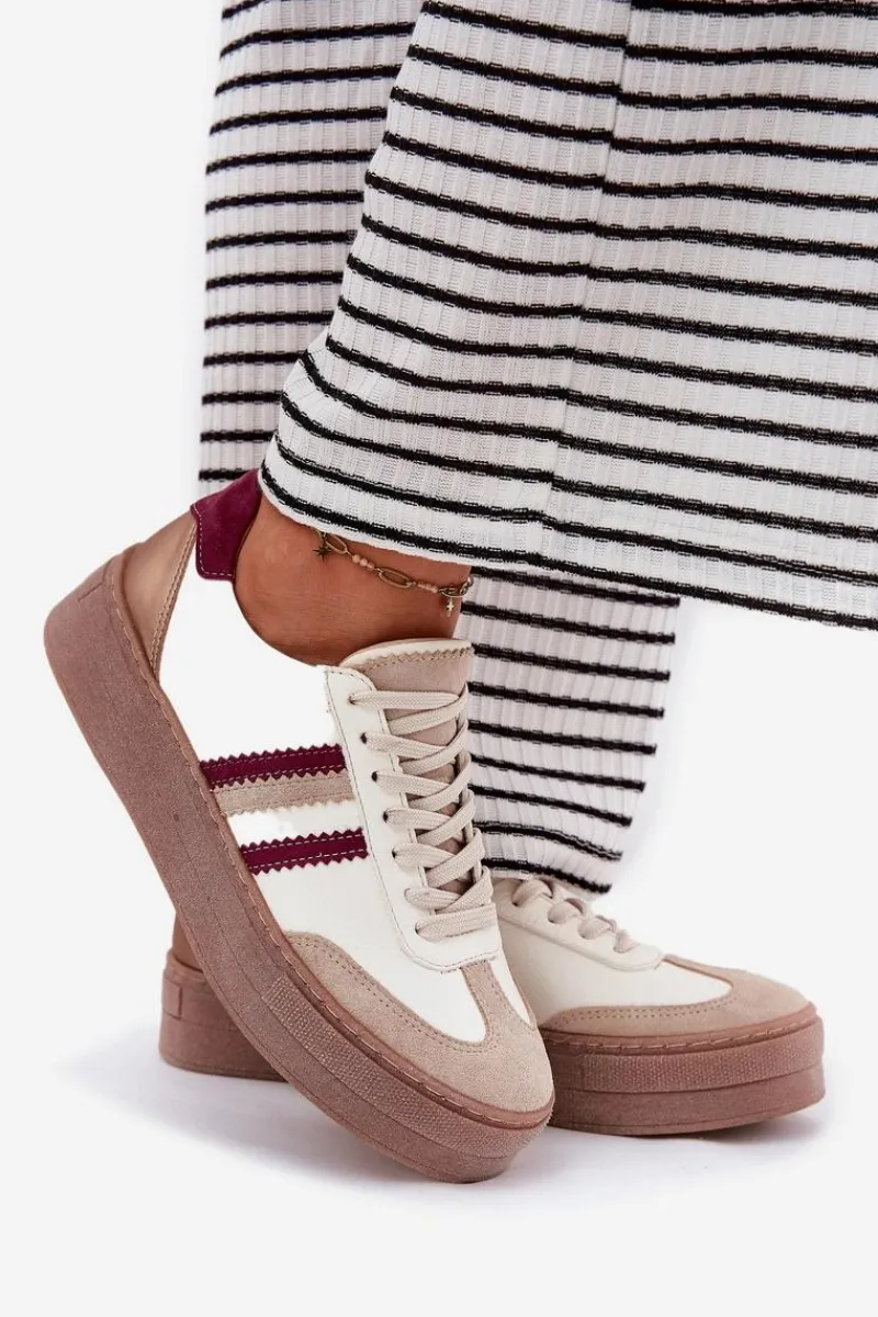 Buty Sportowe Na Platformie|Sneakersy Damskie>Zazoo Skórzane Sneakersy Damskie Na Platformie N1234 Beżowo-Bordowe Beżowy