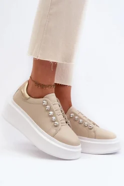 Clearance Skórzane Sneakersy Damskie Na Masywnej Platformie Beżowe S.Barski LR628 Damskie Sneakersy Damskie