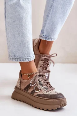 Buty Sportowe Na Platformie></noscript>Maciejka Skórzane Sneakersy Damskie Na Platformie 06562-10 Ciemnobeżowe