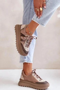 Buty Sportowe Na Platformie></noscript>Maciejka Skórzane Sneakersy Damskie Na Platformie 06562-10 Ciemnobeżowe