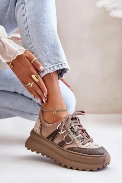 Buty Sportowe Na Platformie></noscript>Maciejka Skórzane Sneakersy Damskie Na Platformie 06562-10 Ciemnobeżowe