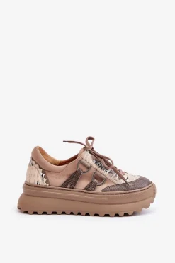 Buty Sportowe Na Platformie></noscript>Maciejka Skórzane Sneakersy Damskie Na Platformie 06562-10 Ciemnobeżowe
