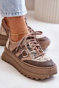 Buty Sportowe Na Platformie></noscript>Maciejka Skórzane Sneakersy Damskie Na Platformie 06562-10 Ciemnobeżowe