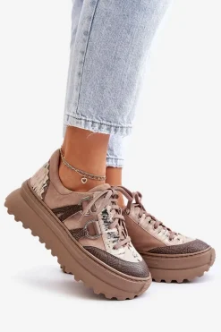 Buty Sportowe Na Platformie></noscript>Maciejka Skórzane Sneakersy Damskie Na Platformie 06562-10 Ciemnobeżowe
