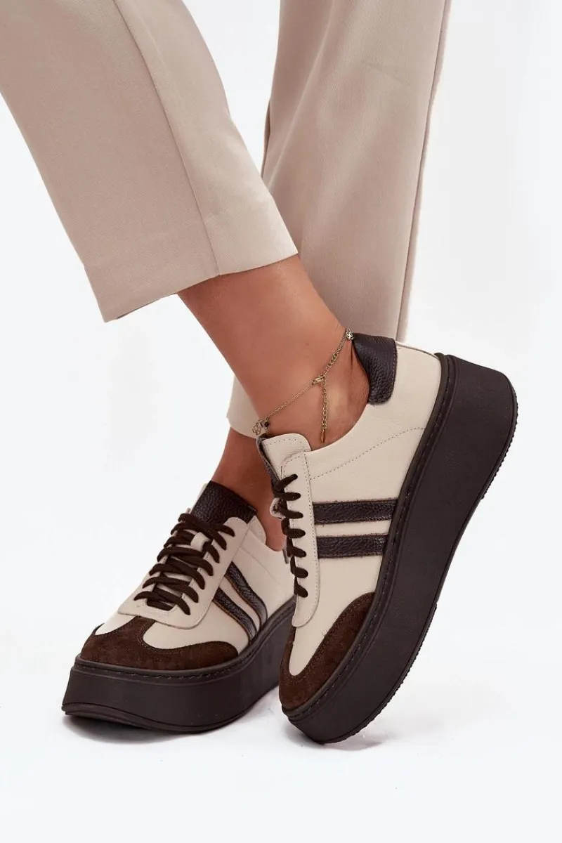 Buty Sportowe Na Platformie|Sneakersy Damskie>Zazoo Skórzane Sneakersy Damskie Na Platformie 3775 Beżowo-Czekoladowe