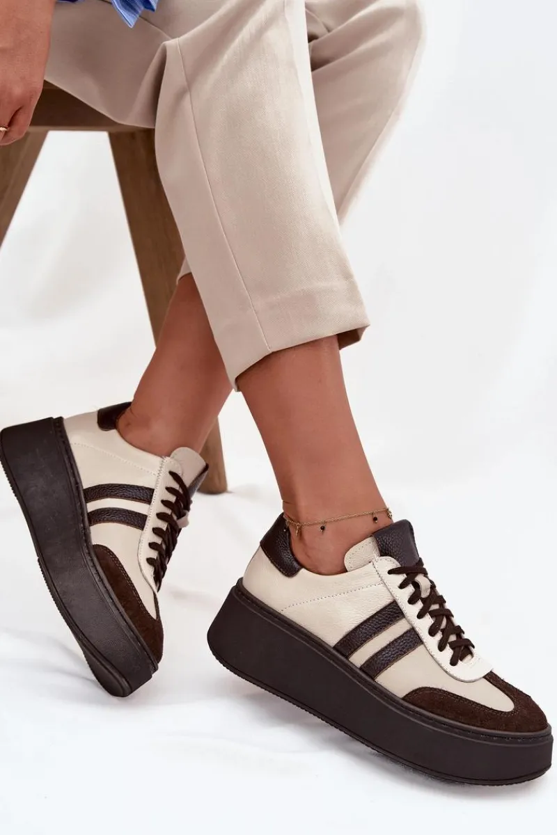 Buty Sportowe Na Platformie|Sneakersy Damskie>Zazoo Skórzane Sneakersy Damskie Na Platformie 3775 Beżowo-Czekoladowe