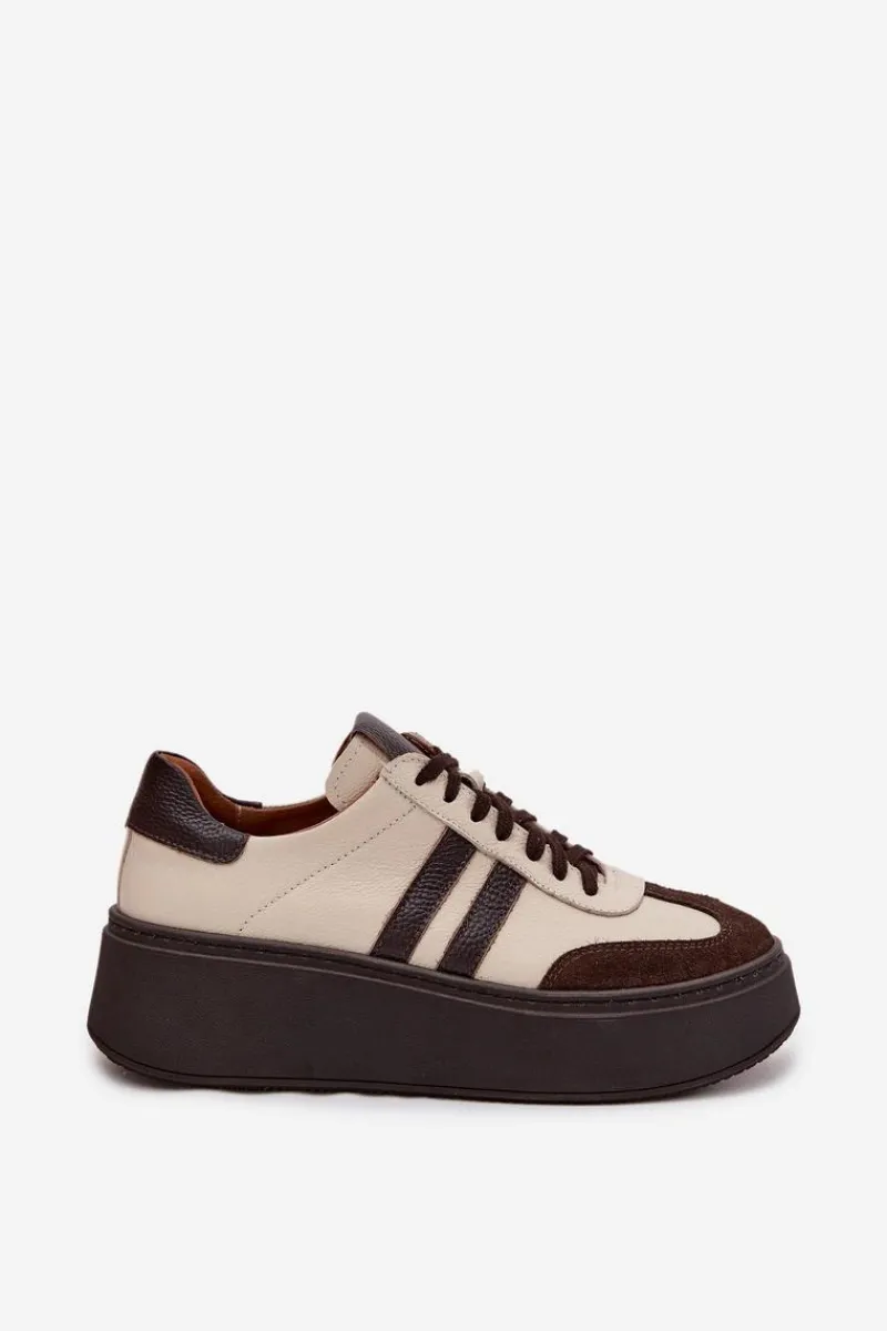 Buty Sportowe Na Platformie|Sneakersy Damskie>Zazoo Skórzane Sneakersy Damskie Na Platformie 3775 Beżowo-Czekoladowe