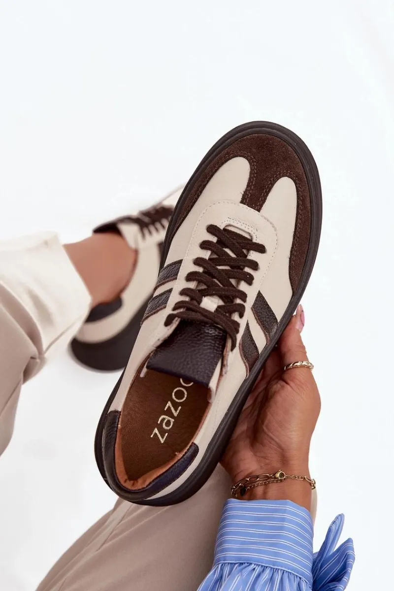 Buty Sportowe Na Platformie|Sneakersy Damskie>Zazoo Skórzane Sneakersy Damskie Na Platformie 3775 Beżowo-Czekoladowe