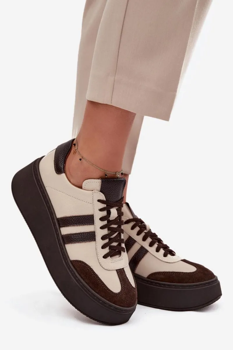 Buty Sportowe Na Platformie|Sneakersy Damskie>Zazoo Skórzane Sneakersy Damskie Na Platformie 3775 Beżowo-Czekoladowe