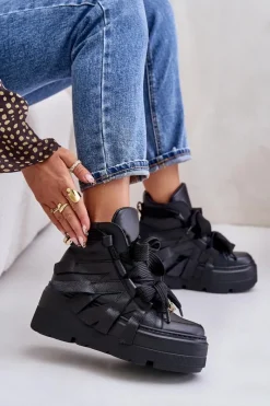 Buty Sportowe Na Platformie>CheBello Skórzane Sneakersy Damskie Na Masywnej Platformie 4561 Czarne Czarny