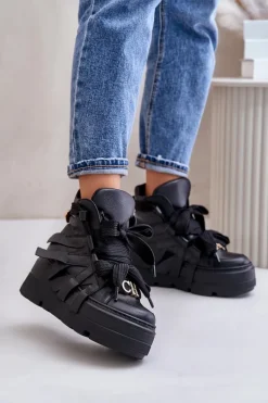 Buty Sportowe Na Platformie>CheBello Skórzane Sneakersy Damskie Na Masywnej Platformie 4561 Czarne Czarny