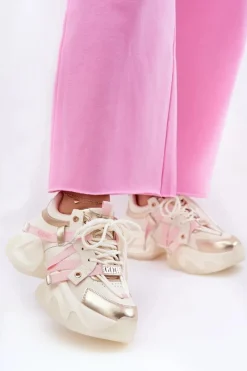 Discount Skórzane Sneakersy Damskie Na Masywnej Podeszwie RR2N4031 Beżowe Damskie Sneakersy Damskie