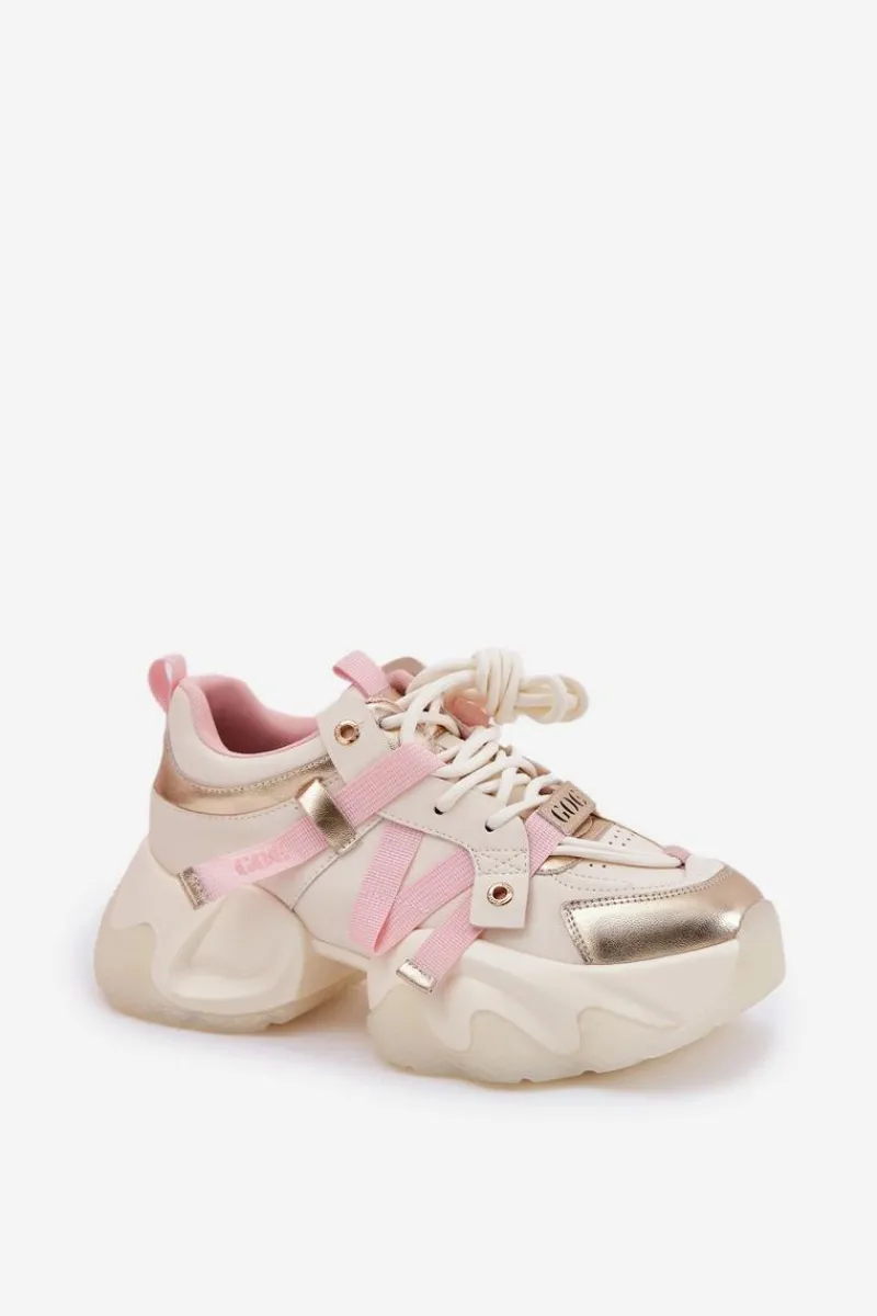 Discount Skórzane Sneakersy Damskie Na Masywnej Podeszwie RR2N4031 Beżowe Damskie Sneakersy Damskie