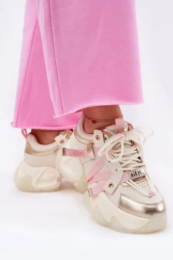 Discount Skórzane Sneakersy Damskie Na Masywnej Podeszwie RR2N4031 Beżowe Damskie Sneakersy Damskie