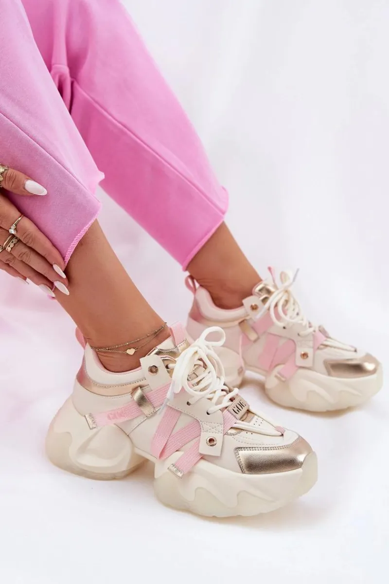 Discount Skórzane Sneakersy Damskie Na Masywnej Podeszwie RR2N4031 Beżowe Damskie Sneakersy Damskie