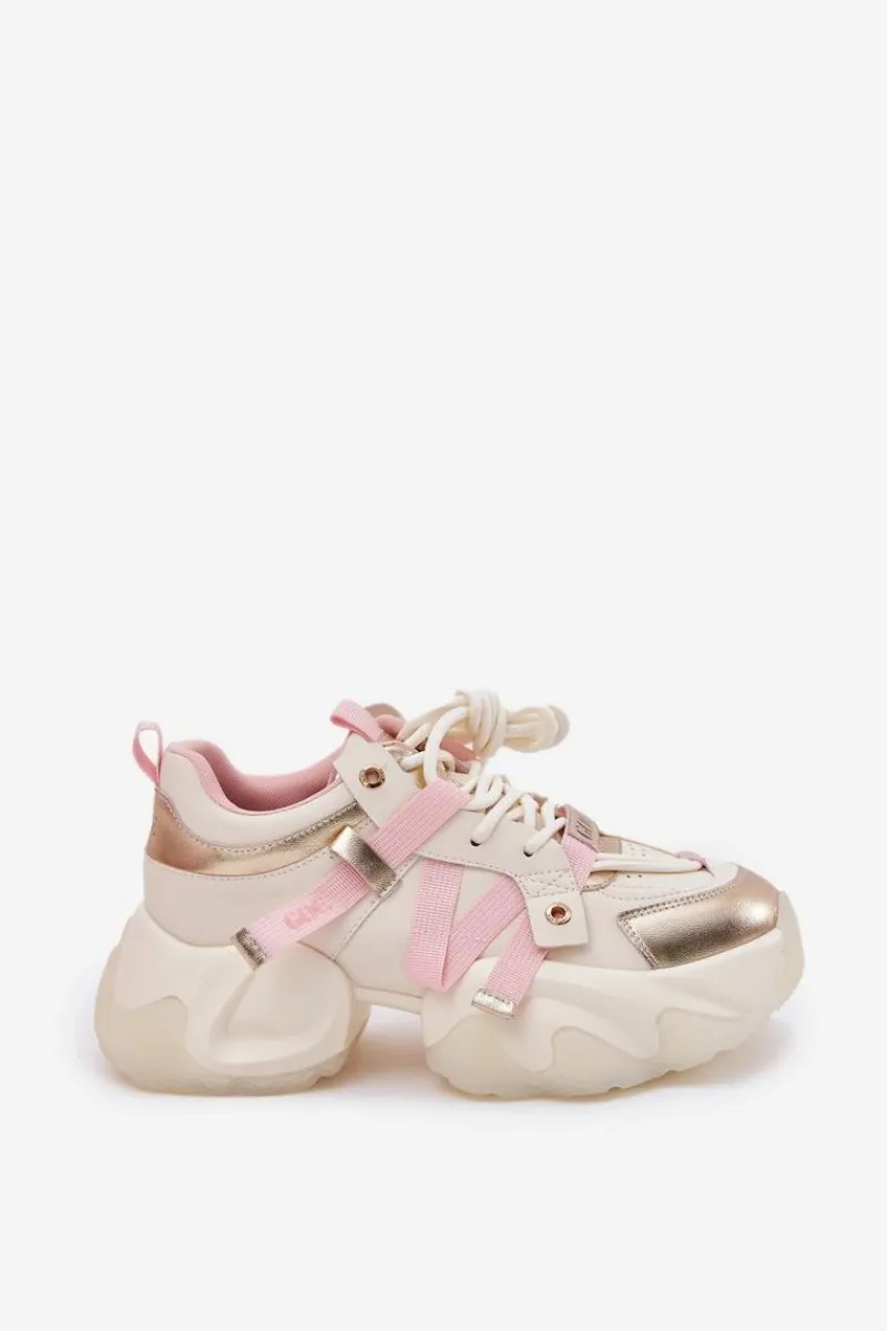 Discount Skórzane Sneakersy Damskie Na Masywnej Podeszwie RR2N4031 Beżowe Damskie Sneakersy Damskie