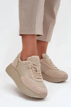 Buty Sportowe Na Platformie|Półbuty Skórzane>Artiker Skórzane Sneakersy Damskie Na Platformie 55C0021 Beżowe