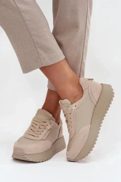 Buty Sportowe Na Platformie|Półbuty Skórzane></noscript>Artiker Skórzane Sneakersy Damskie Na Platformie 55C0021 Beżowe