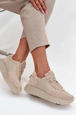 Buty Sportowe Na Platformie|Półbuty Skórzane></noscript>Artiker Skórzane Sneakersy Damskie Na Platformie 55C0021 Beżowe