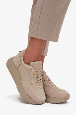 Buty Sportowe Na Platformie|Półbuty Skórzane></noscript>Artiker Skórzane Sneakersy Damskie Na Platformie 55C0021 Beżowe