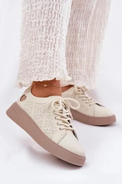 Sneakersy Damskie>Buty damskie Vinceza Skórzane Sneakersy Damskie Na Platformie Vinceza 88018 Beżowe