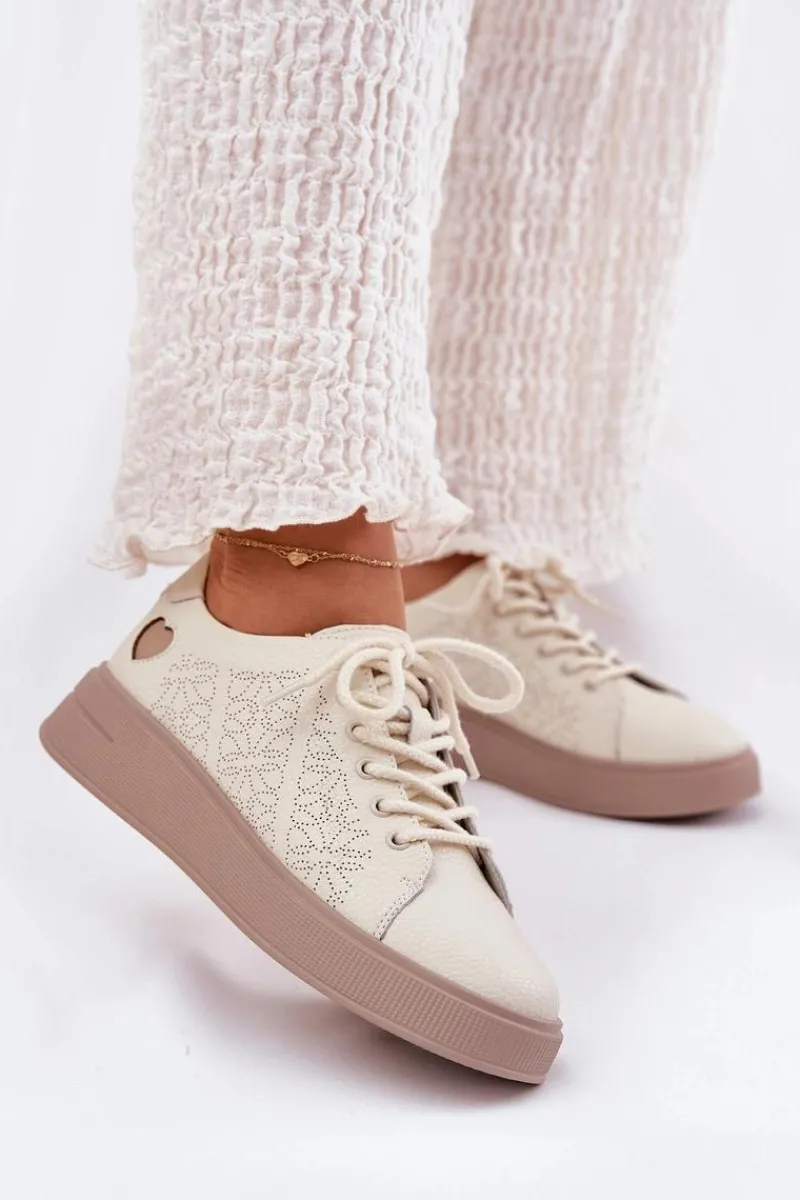 Sneakersy Damskie>Buty damskie Vinceza Skórzane Sneakersy Damskie Na Platformie Vinceza 88018 Beżowe